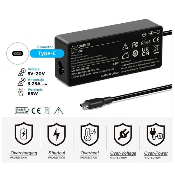 Carregador Comp. Type-C 65W-5V/2.4A-9V/3A-12V/3A-15V/3A-18V/3A-20V/2.25A-20.3V/3A